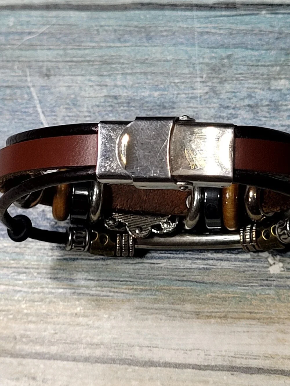 Leather Bead Bracelet with faux Turquoise Stone - Men Accessories